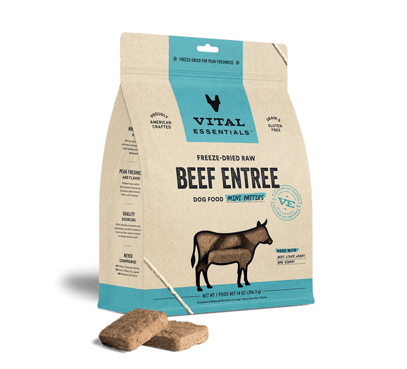 Vital Essentials® Freeze-Dried Raw Beef Entree Dog Food 14oz Mini Patties / Mini Nibs (3-pack promo)