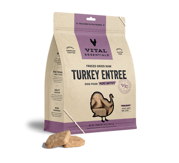 Vital Essentials® Freeze-Dried Raw Turkey Entree Dog Food 14oz Mini Patties / Mini Nibs (3-pack promo)