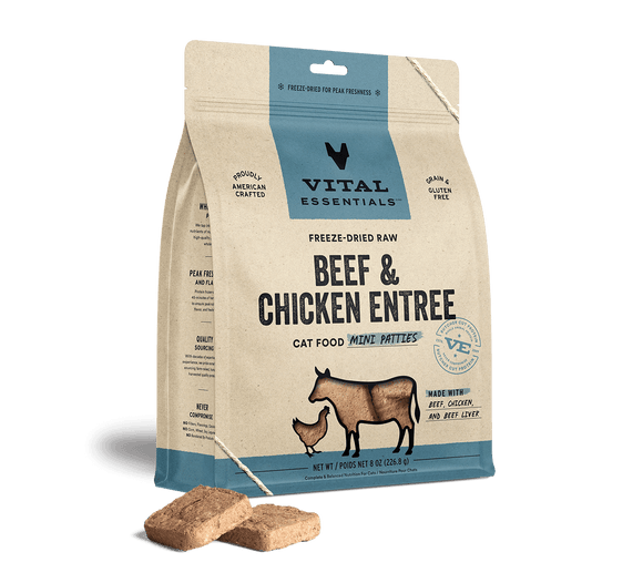 Vital Essentials® Freeze-Dried Raw Beef & Chicken Entree Cat Food 8oz Mini Patties / Mini Nibs (3-pack promo)