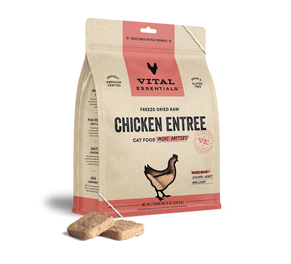 Vital Essentials® Freeze-Dried Raw Chicken Entree Cat Food 8oz Mini Patties / Mini Nibs (3-pack promo)