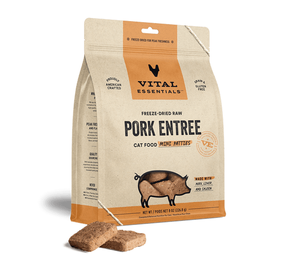 Vital Essentials® Freeze-Dried Raw Pork Entree Cat Food 8oz Mini Patties / Mini Nibs (3-pack promo)