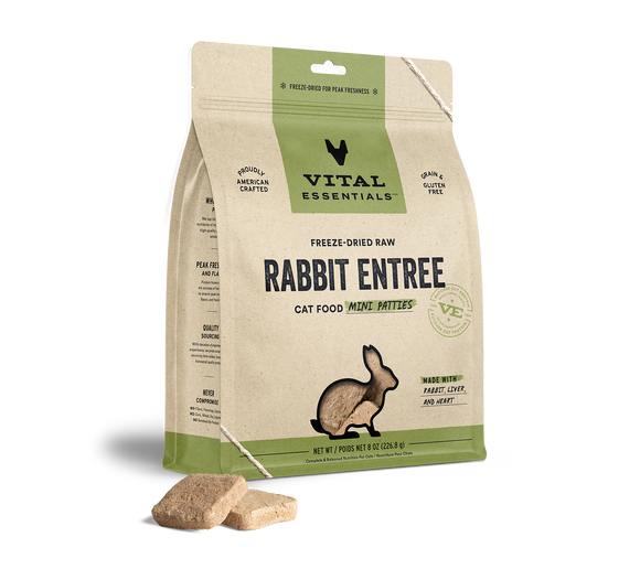 Vital Essentials® Freeze-Dried Raw Rabbit Entree Cat Food 8oz Mini Patties / Mini Nibs (3-pack promo)